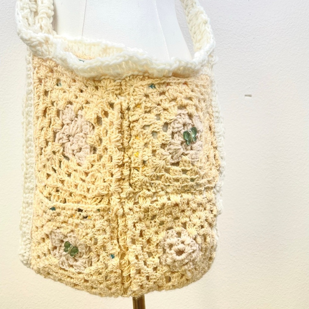 Vtg Handmade Womens Bag‎ Cross Body Crochet Boho Cottage Coquette Grunge Cream